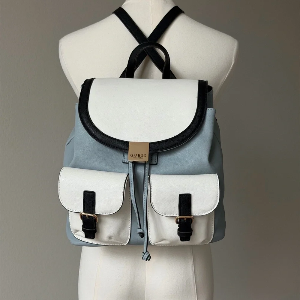 Everyday GUESS Gammill White, Light Blue & Black Dual Buckled Pockets Backpack